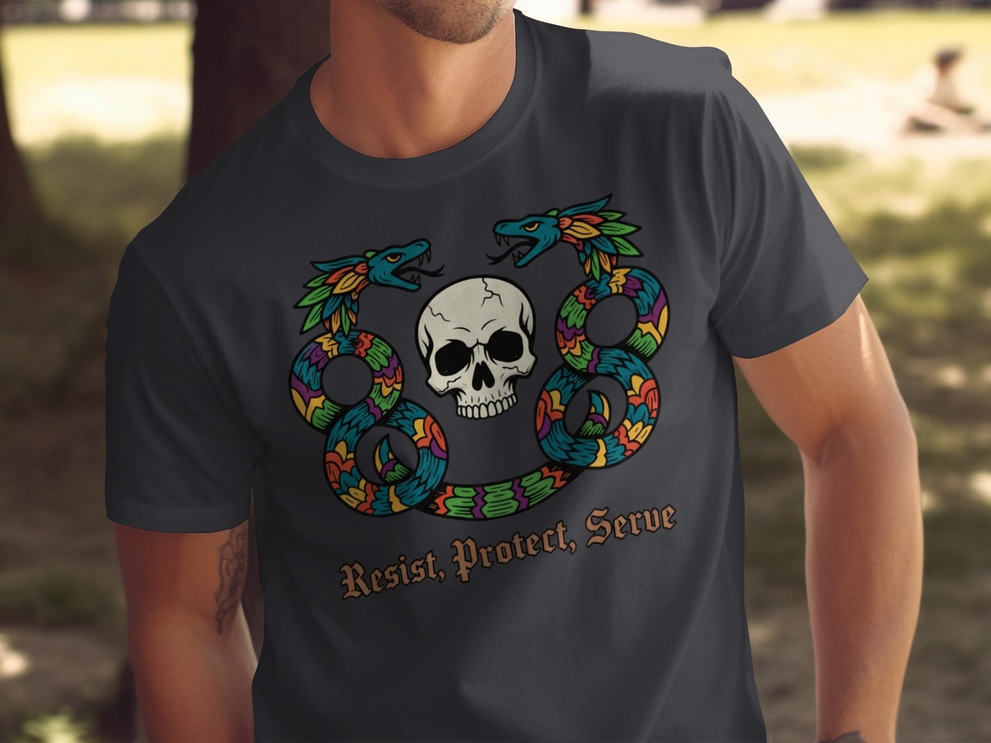 Vibrant Skull and Serpent Resist Protect Serve Tee