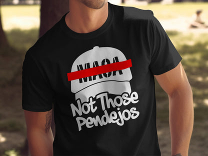 Black t-shirt with white text and a red stripe across a white cap graphic.