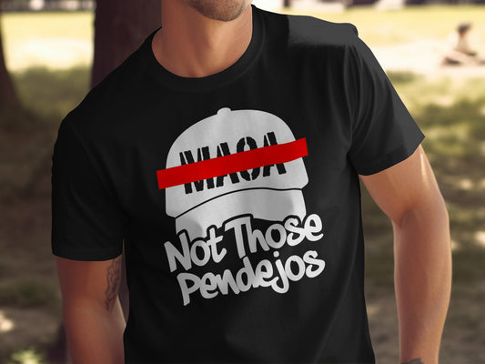 Black t-shirt with white text and a red stripe across a white cap graphic.
