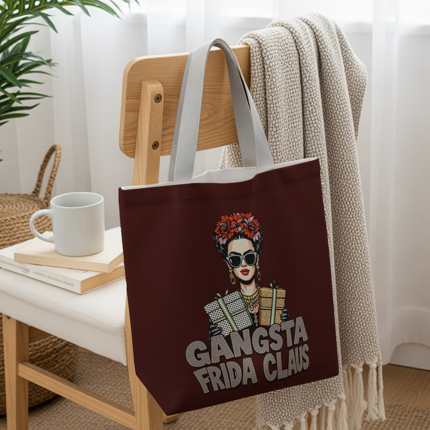 Gangsta Frida Claus Tote Bag with Floral Headband