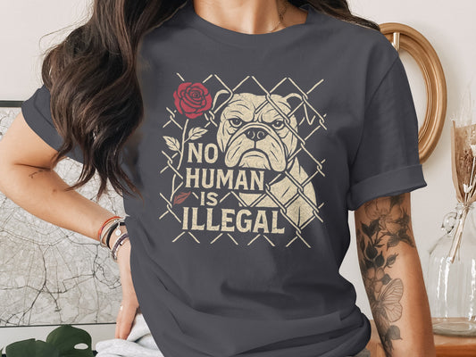 No Human is Illegal Shirt with Bulldog Design
