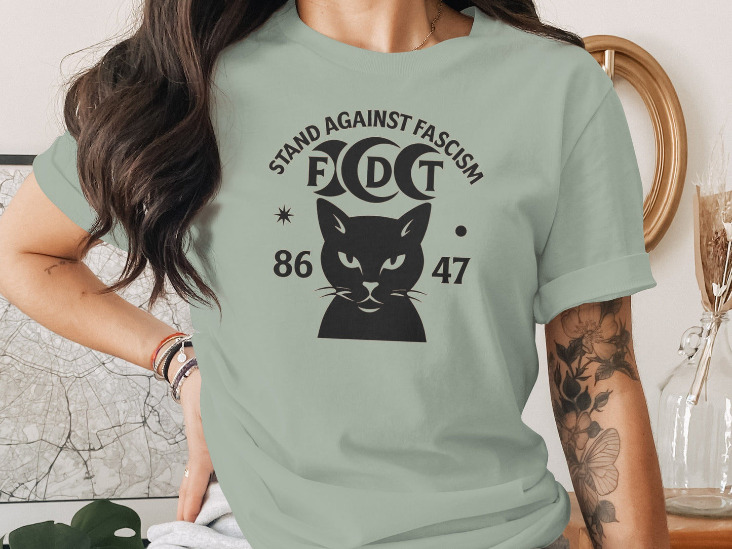 Stand Against Fascism Feline Graphic Statement Shirt