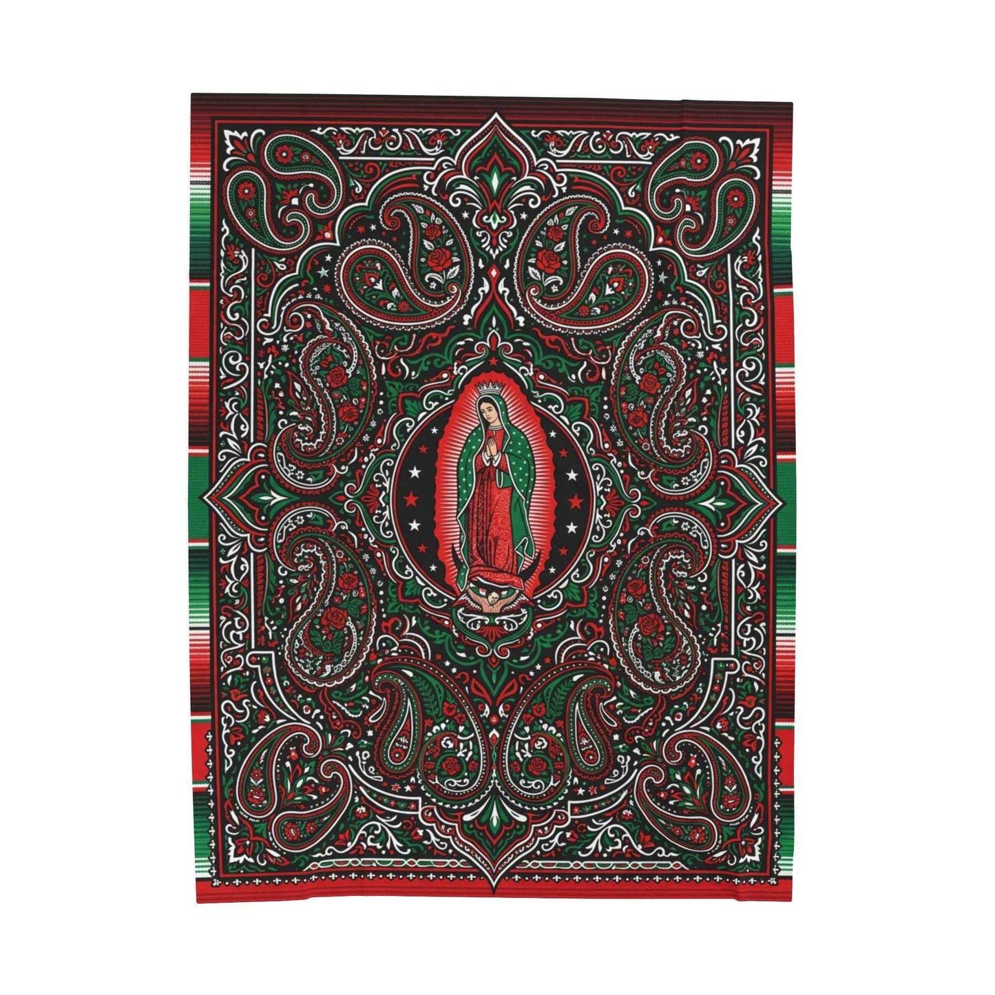 Our Lady of Guadalupe Blankets, Virgen de Guadalupe Mexican Art, Red Green Black Paisley Floral Throw, Chicano Catholic Devotional Decor