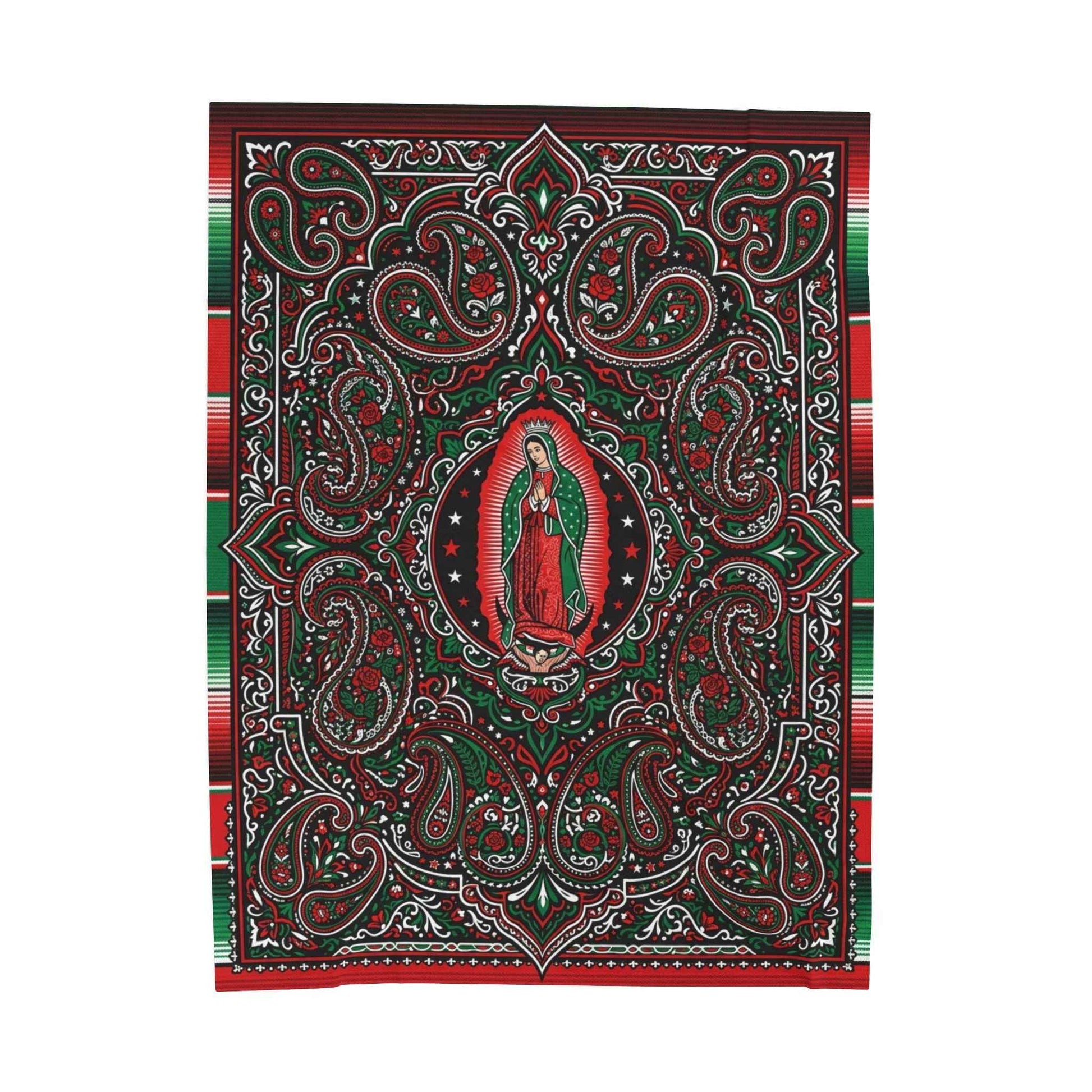 Our Lady of Guadalupe Blankets, Virgen de Guadalupe Mexican Art, Red Green Black Paisley Floral Throw, Chicano Catholic Devotional Decor