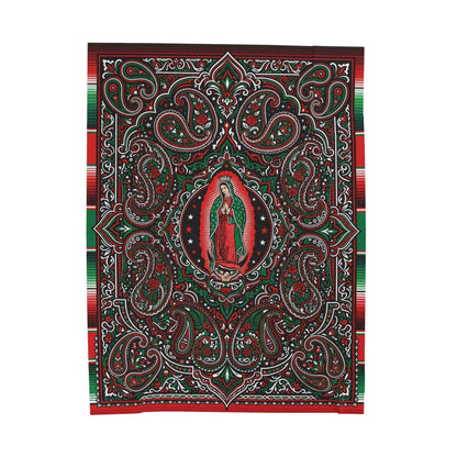 Our Lady of Guadalupe Blankets, Virgen de Guadalupe Mexican Art, Red Green Black Paisley Floral Throw, Chicano Catholic Devotional Decor