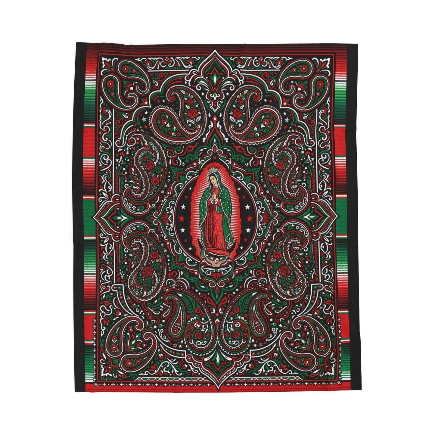 Our Lady of Guadalupe Blankets, Virgen de Guadalupe Mexican Art, Red Green Black Paisley Floral Throw, Chicano Catholic Devotional Decor