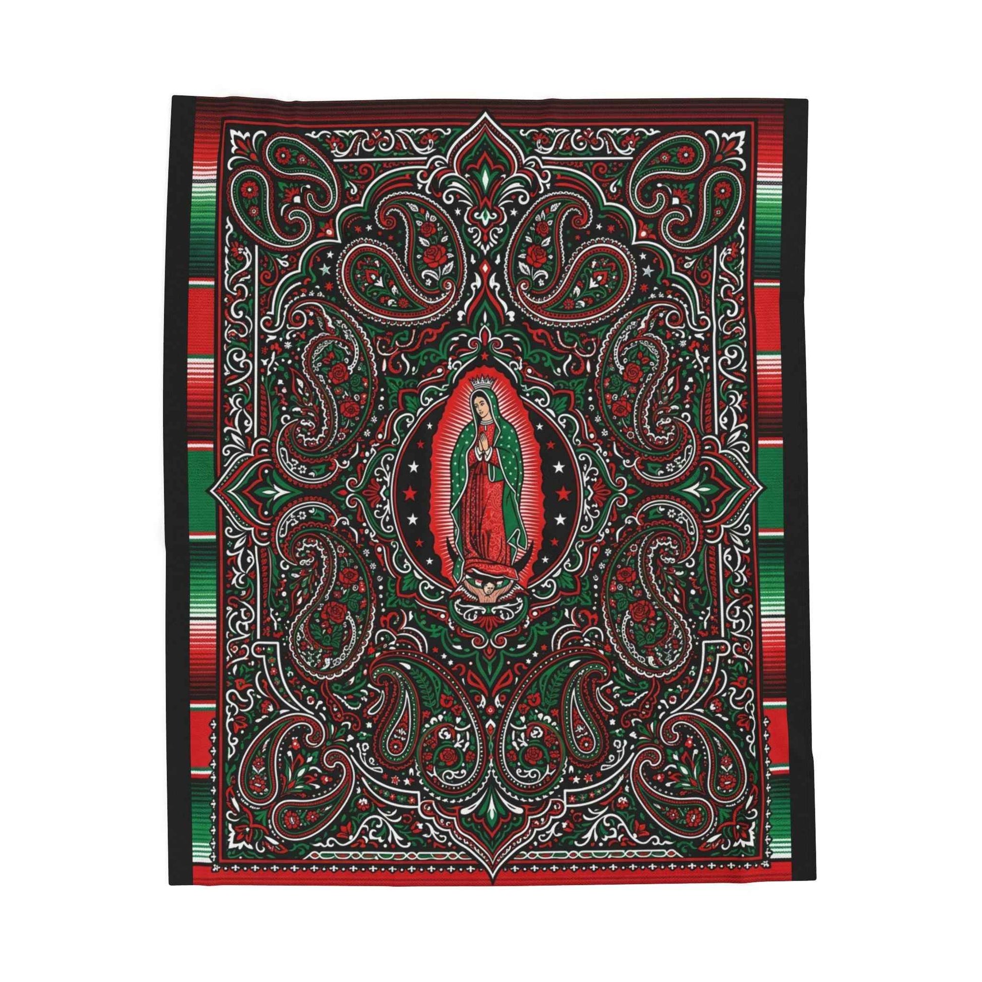 Our Lady of Guadalupe Blankets, Virgen de Guadalupe Mexican Art, Red Green Black Paisley Floral Throw, Chicano Catholic Devotional Decor