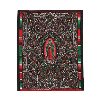 Our Lady of Guadalupe Blankets, Virgen de Guadalupe Mexican Art, Red Green Black Paisley Floral Throw, Chicano Catholic Devotional Decor