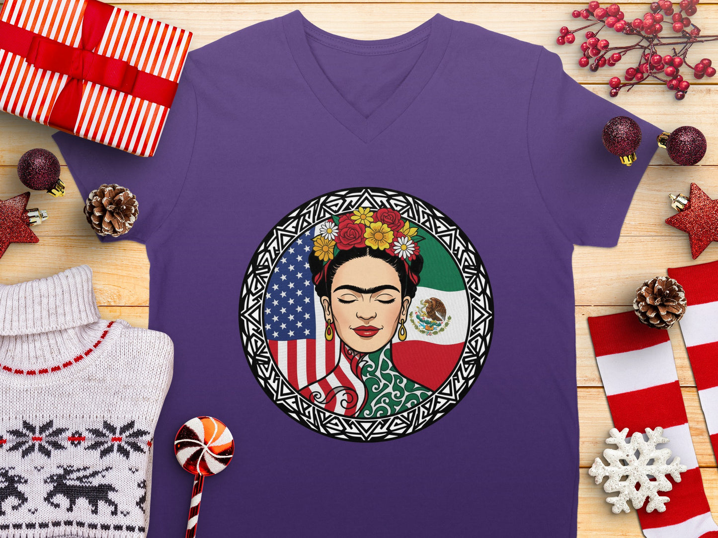 Frida Kahlo Flag Design Purple V-Neck Shirt Product