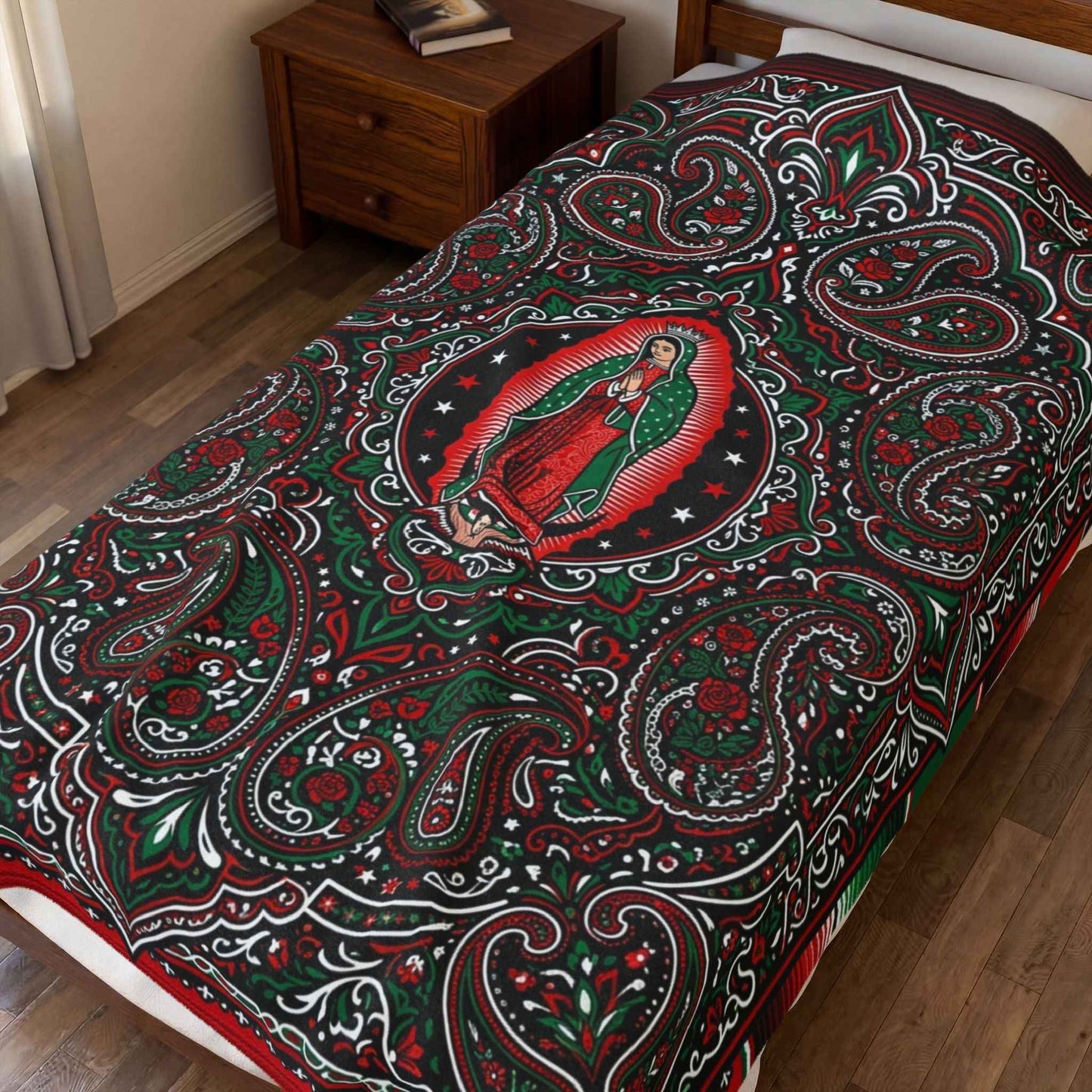 Our Lady of Guadalupe Blankets, Virgen de Guadalupe Mexican Art, Red Green Black Paisley Floral Throw, Chicano Catholic Devotional Decor