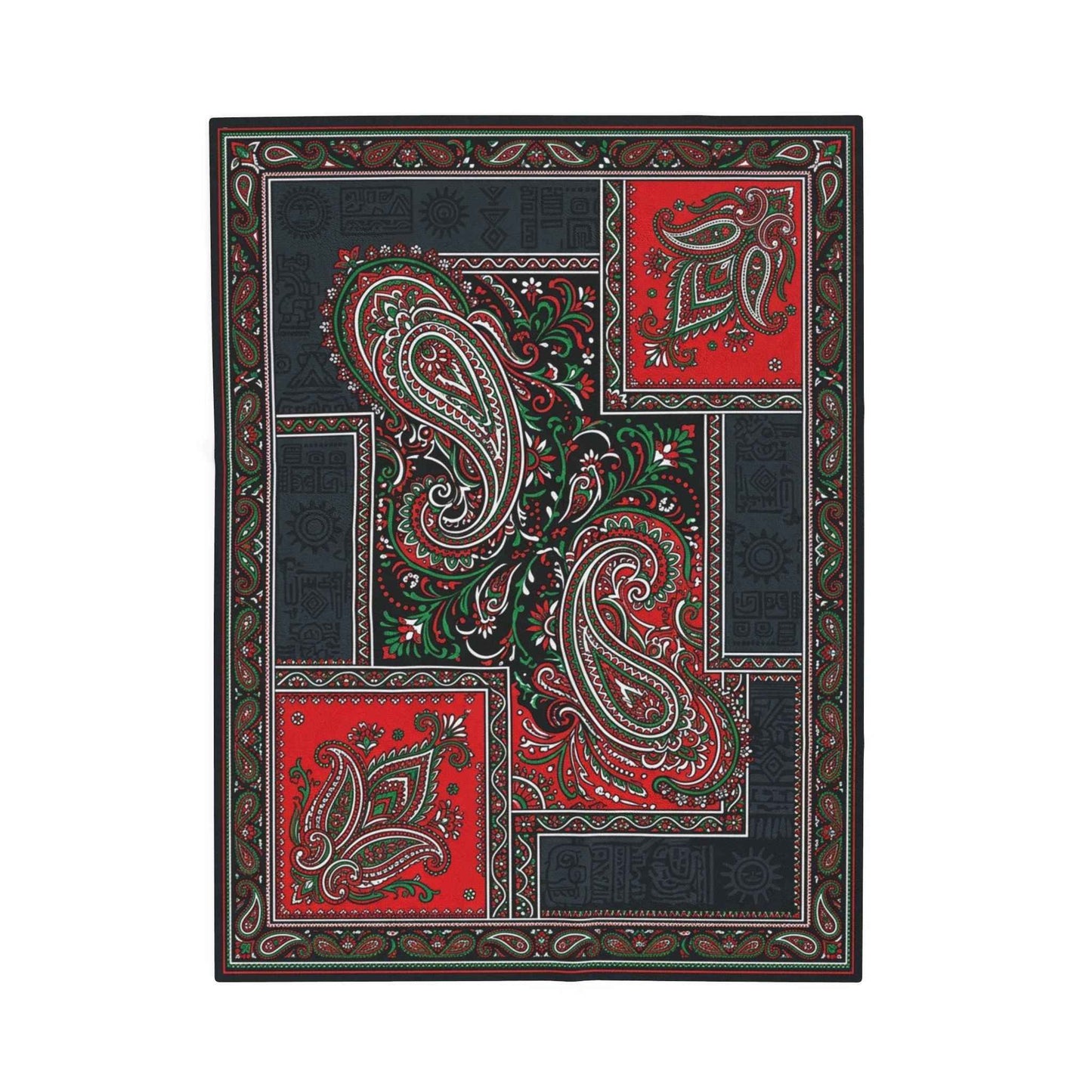 Vibrant Paisley Patchwork Blanket, Bohemian Red Black Green Throw, Intricate Ethnic Design, Artistic Folk Art Print, Unique Cozy Blankets