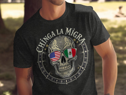Chinga La Migra Skull with Flags T-Shirt product type