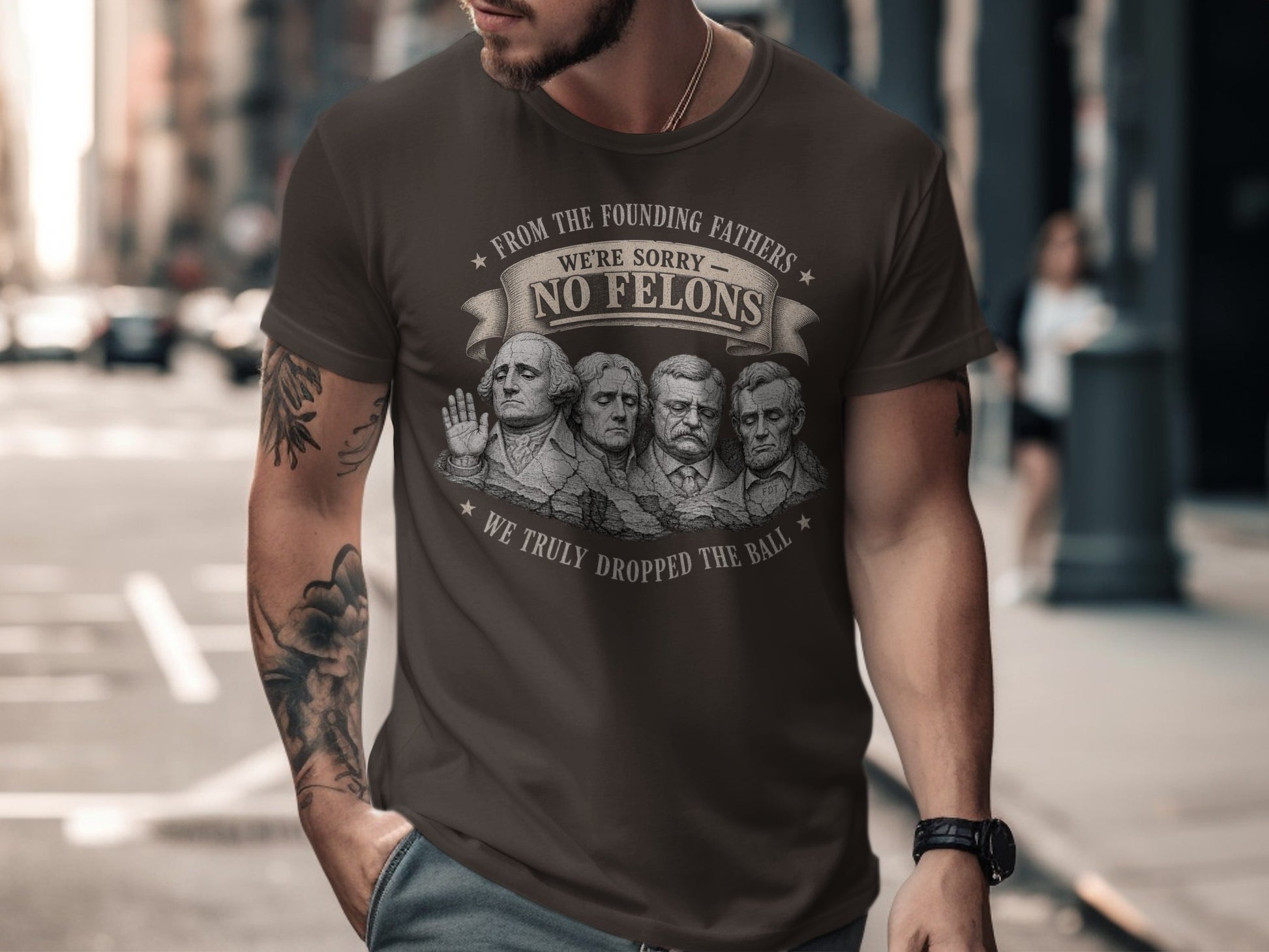 T-shirt with founding fathers graphic and "No Felons" text.