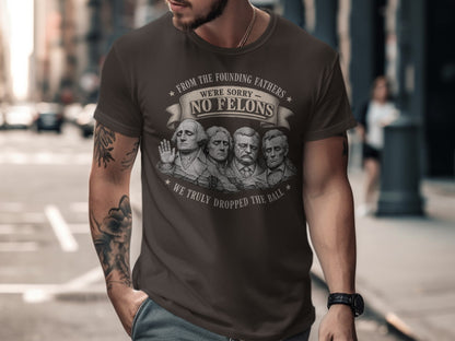 T-shirt with founding fathers graphic and "No Felons" text.