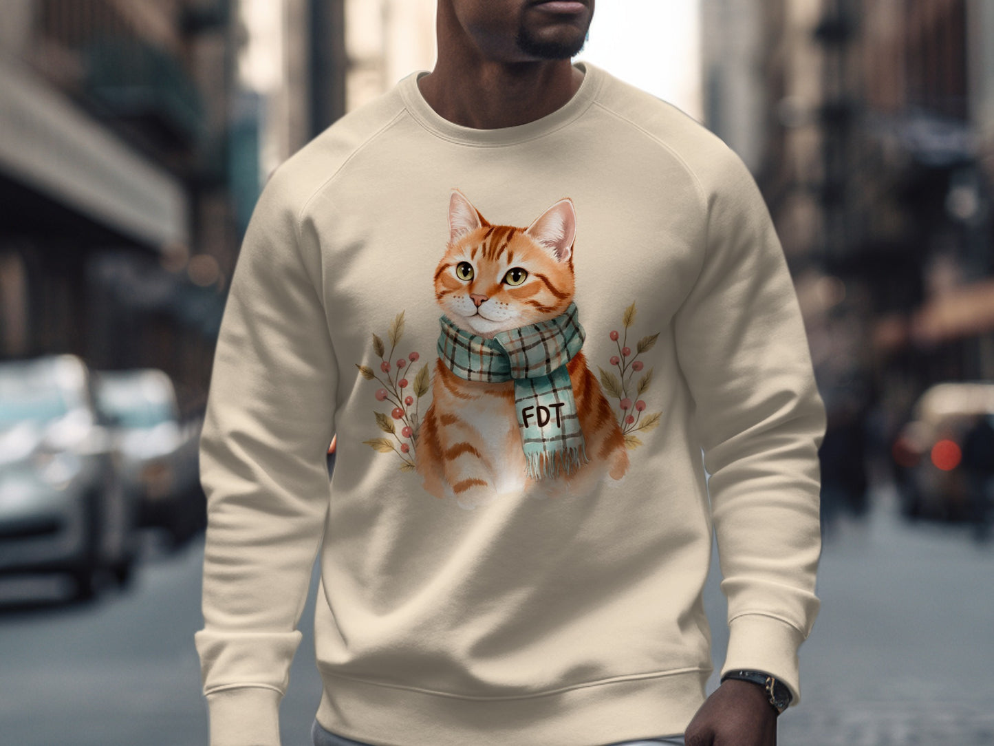 Cute Cat with Scarf Funny Cozy Sweatshirt for Cat Lovers