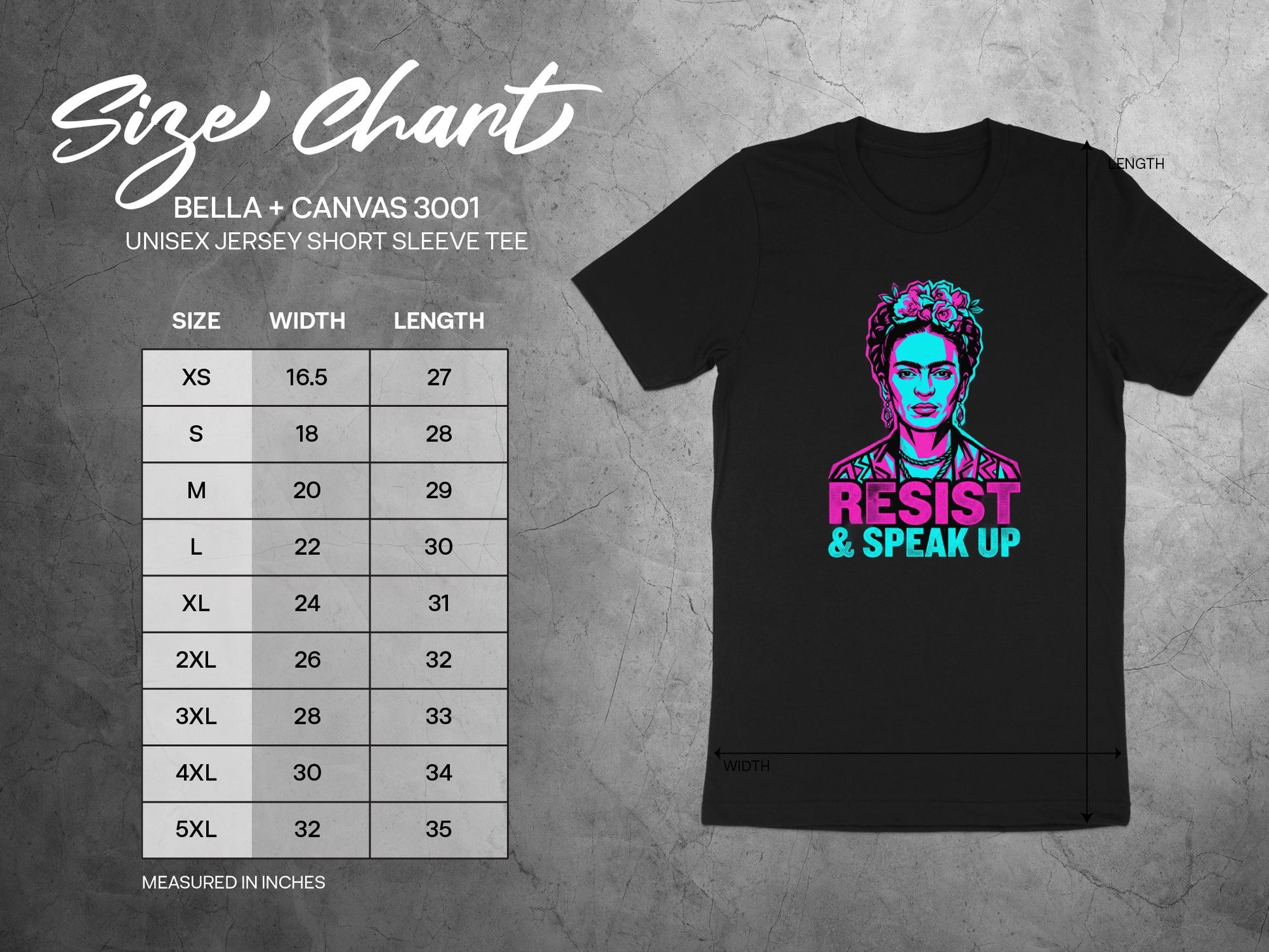 Size chart for Bella + Canvas 3001 unisex tee, with Frida Kahlo graphic.