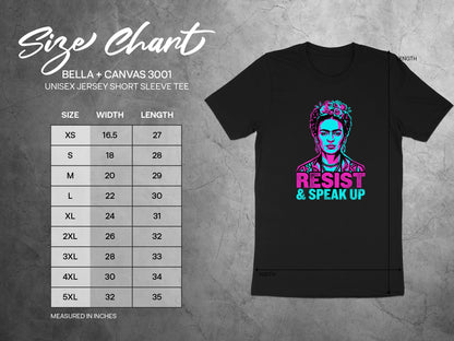 Size chart for Bella + Canvas 3001 unisex tee, with Frida Kahlo graphic.