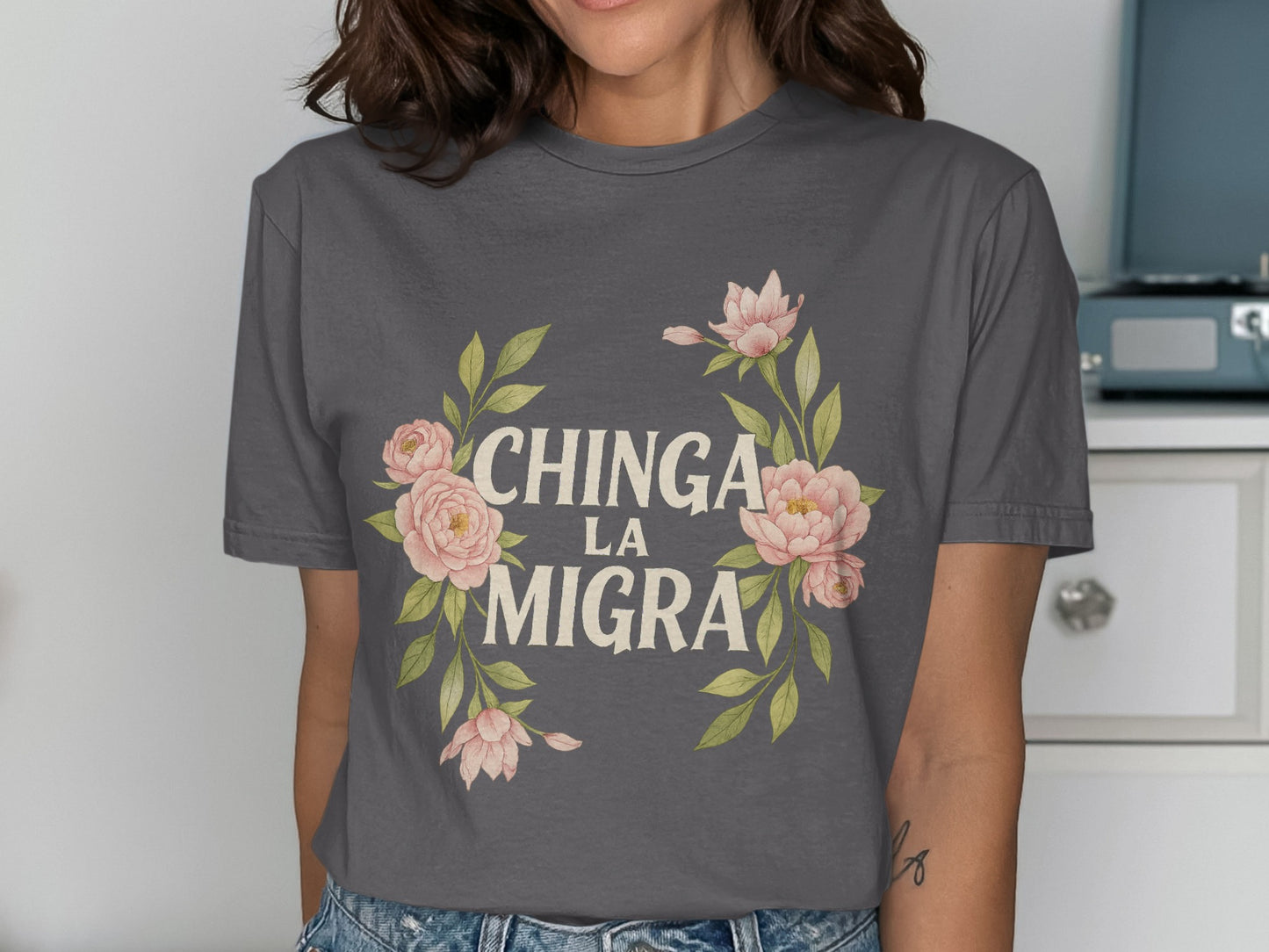 Chinga La Migra Graphic Tee with Floral Design product