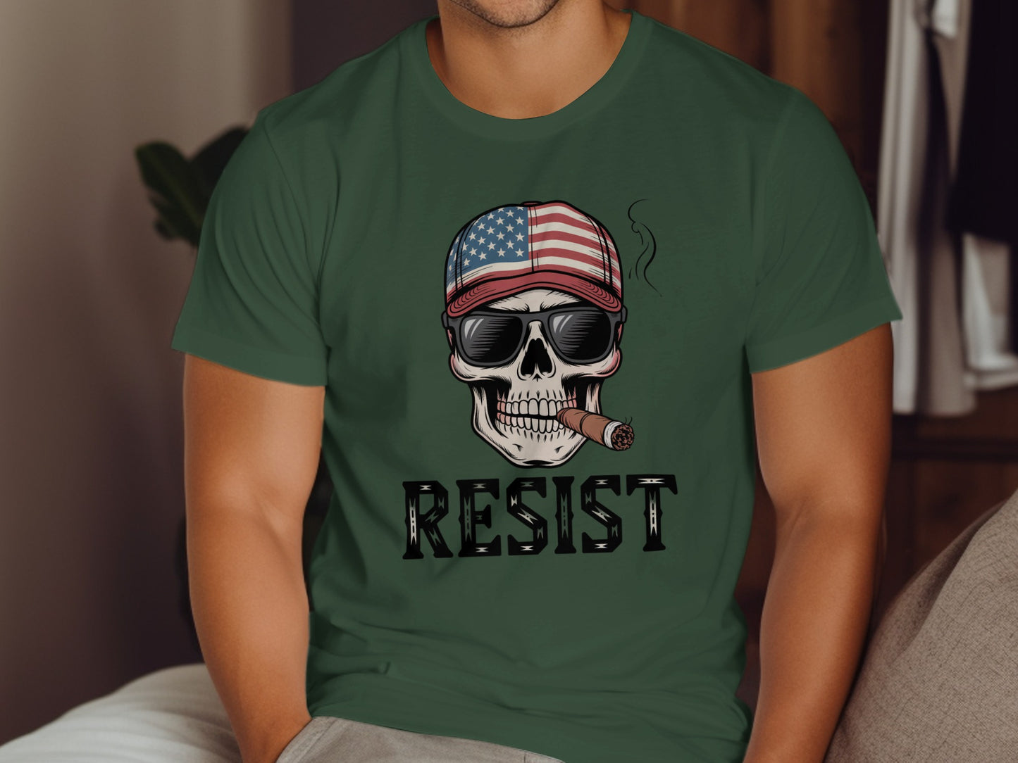 Patriotic Skull with Cigar and Resist Graphic T-Shirt Product