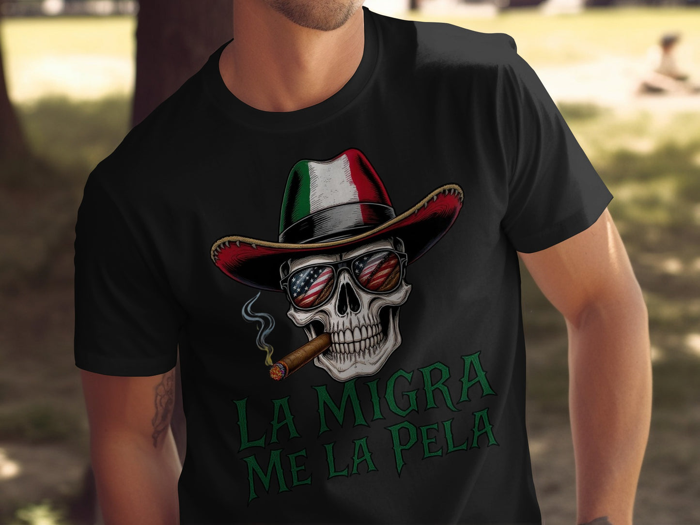 La Migra Me La Pela Smoking Skull T-Shirt Product