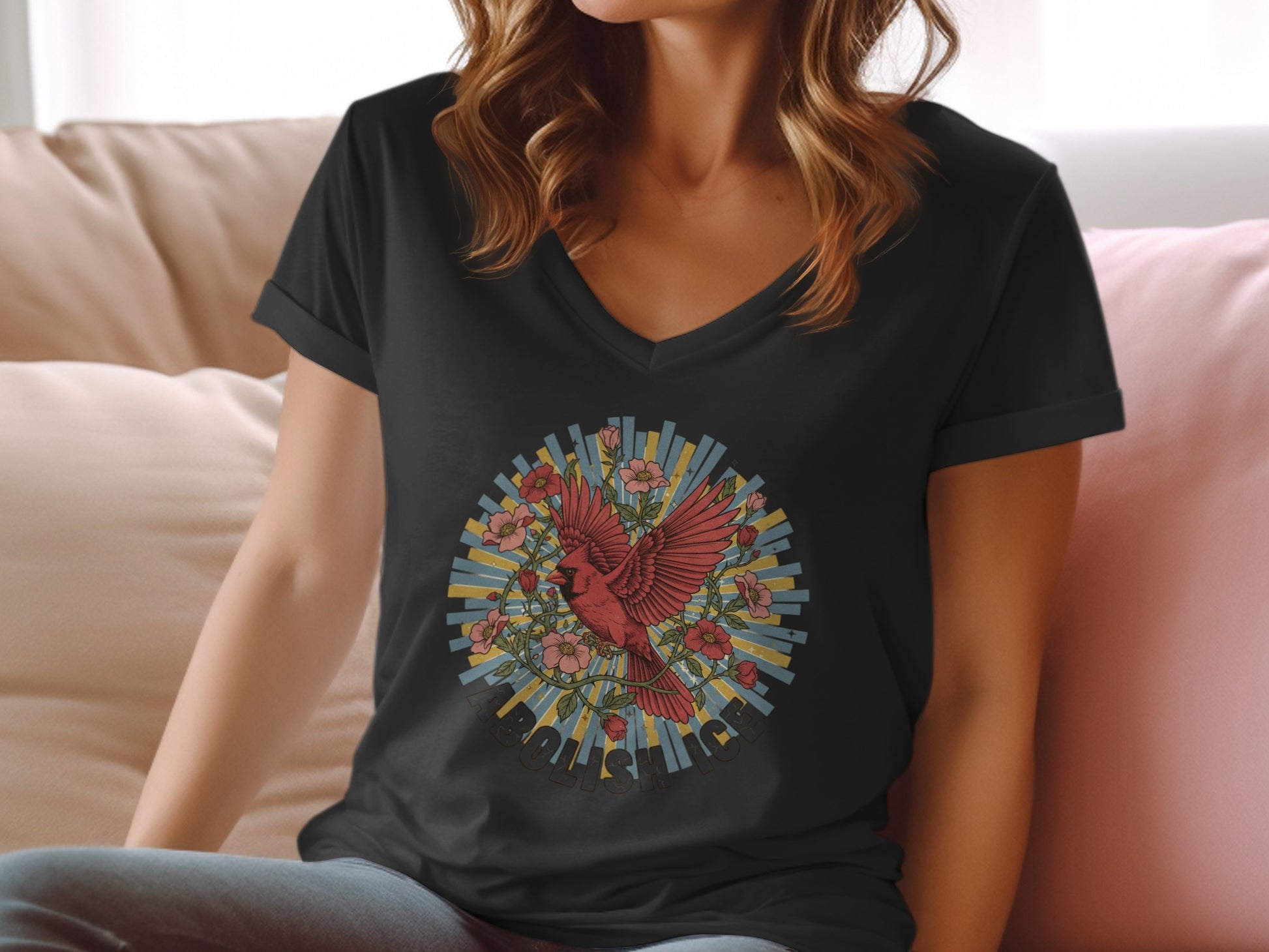 Vibrant Red Bird Art on Casual Womens T-Shirt product type