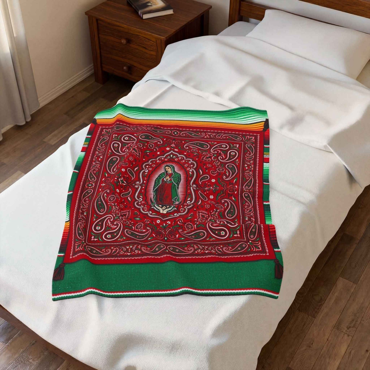 Our Lady of Guadalupe Bandana Paisley Serape Blankets, Mexican Virgin Mary Spiritual Art, Red Green Cultural Decor Throw Blankets