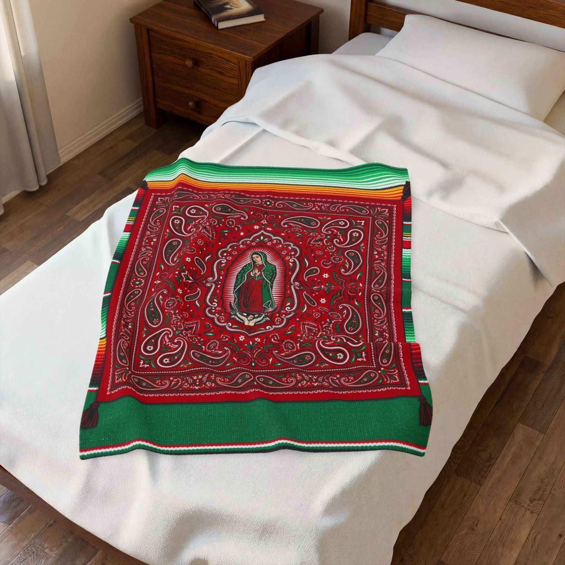Our Lady of Guadalupe Bandana Paisley Serape Blankets, Mexican Virgin Mary Spiritual Art, Red Green Cultural Decor Throw Blankets