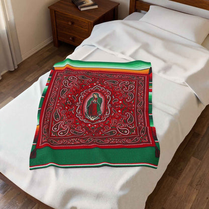 Our Lady of Guadalupe Bandana Paisley Serape Blankets, Mexican Virgin Mary Spiritual Art, Red Green Cultural Decor Throw Blankets