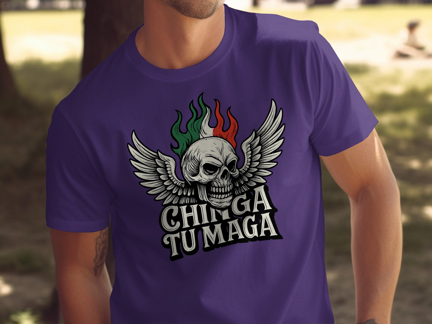 Skull with Wings and Fire Chinga Tu Maga T-shirt