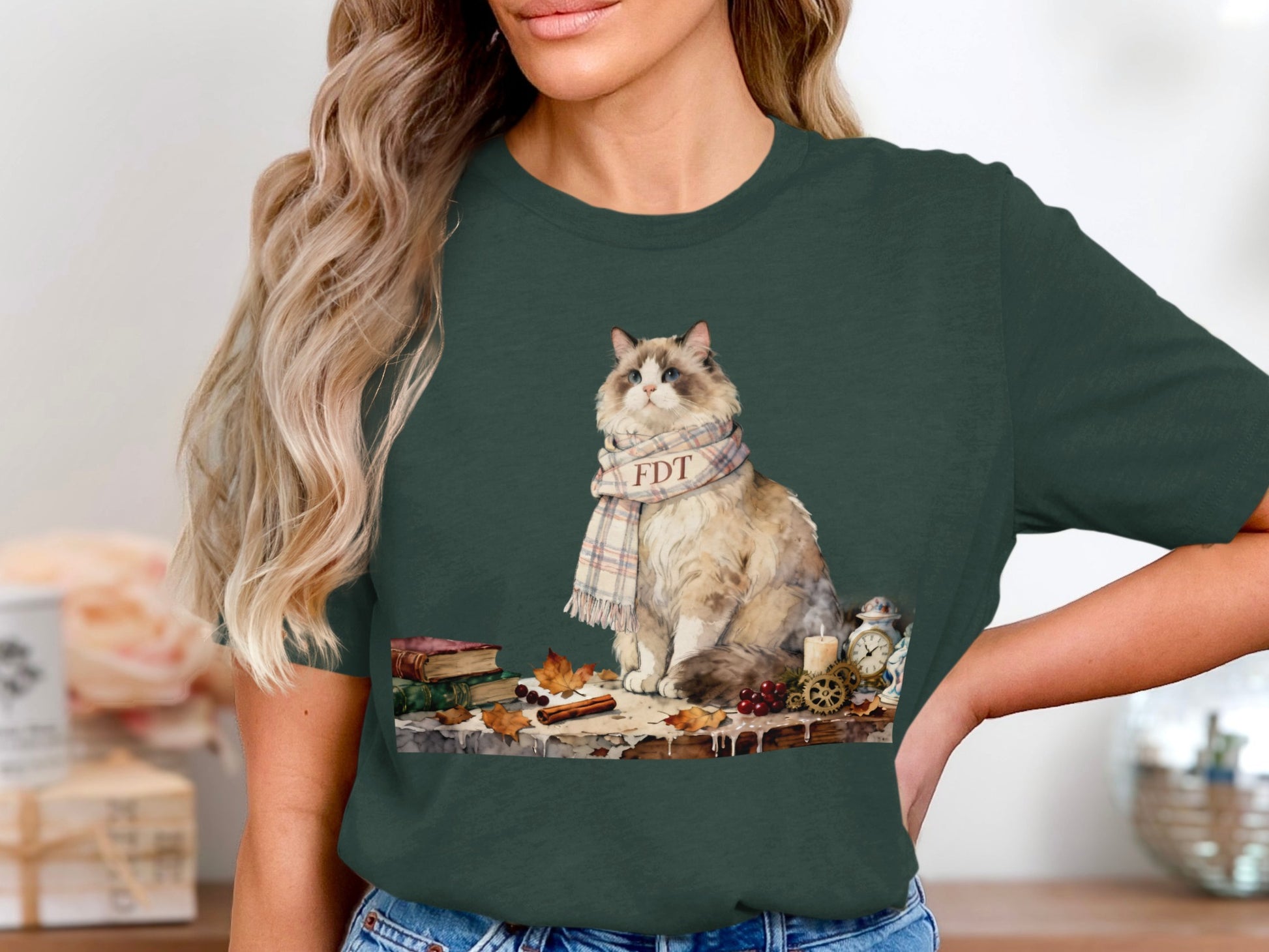 Adorable Cat with Fall Scarf Printed T-shirt