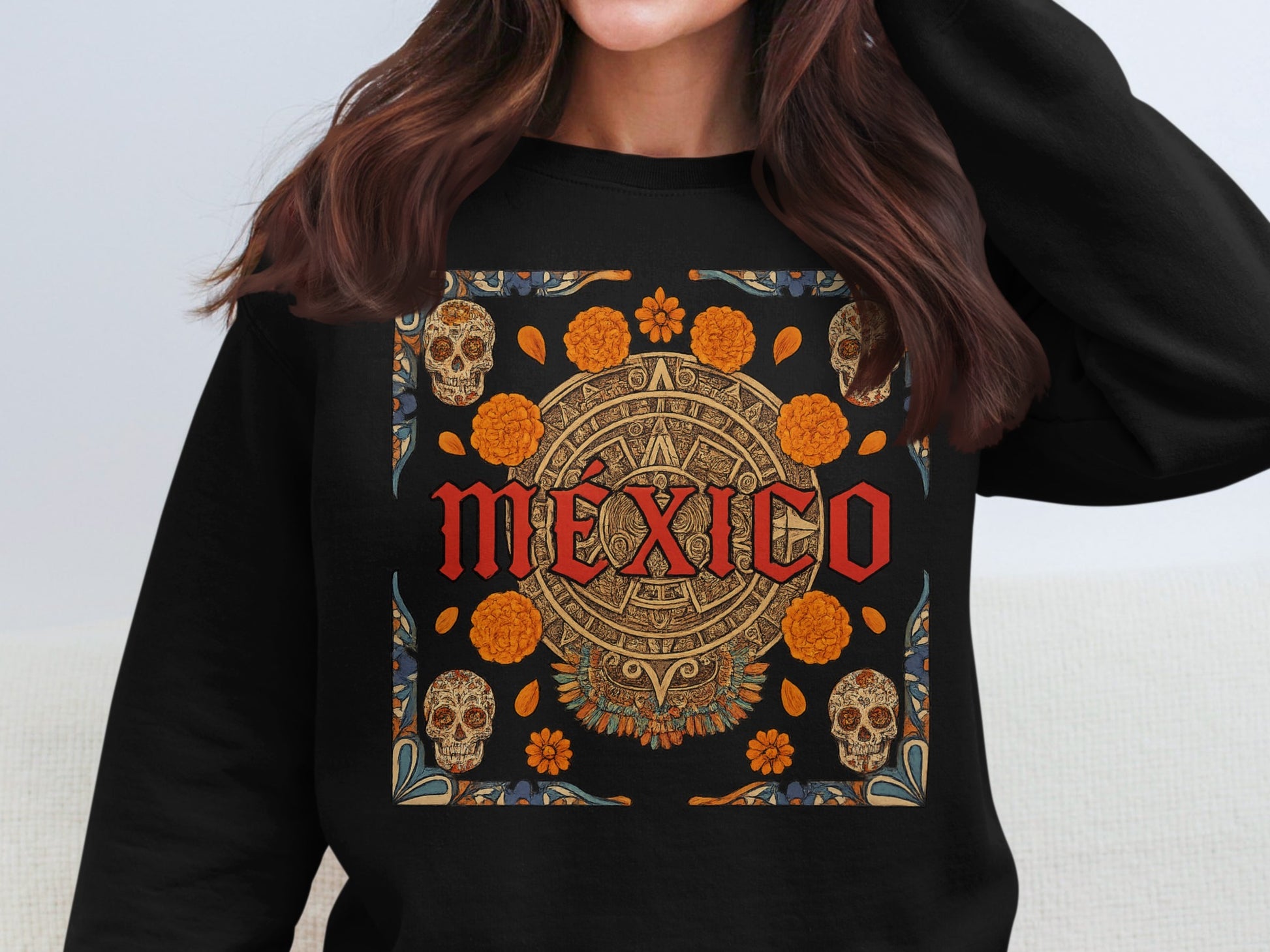 Mexico Themed Aztec Skull and Flowers Sweatshirt