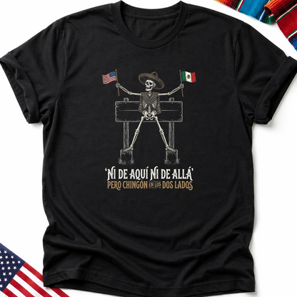 Black t-shirt with skeleton wearing sombrero, holding American and Mexican flags.