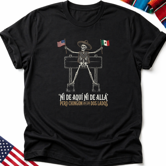 Black t-shirt with skeleton wearing sombrero, holding American and Mexican flags.