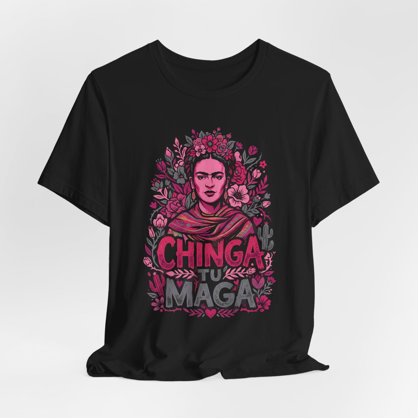 Frida Kahlo portrait surrounded by flowers with "Chinga Tu Madre" text.