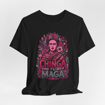Frida Kahlo portrait surrounded by flowers with "Chinga Tu Madre" text.