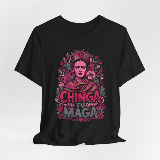 Frida Kahlo portrait surrounded by flowers with "Chinga Tu Madre" text.