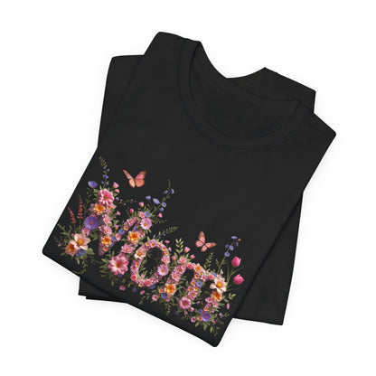 Black t-shirt with floral "Mom" design and butterflies.