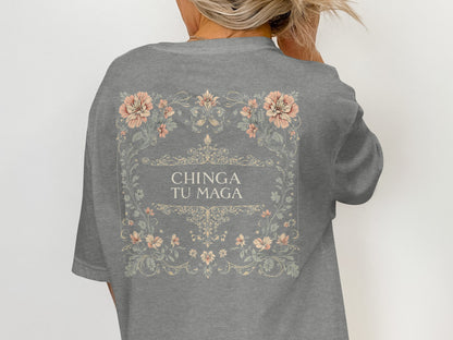 Chinga Tu Maga Floral Graphic Art Back Print Shirt