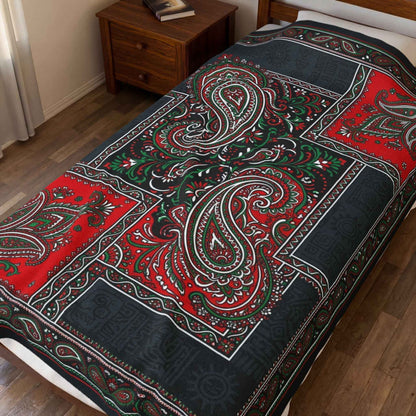 Vibrant Paisley Patchwork Blanket, Bohemian Red Black Green Throw, Intricate Ethnic Design, Artistic Folk Art Print, Unique Cozy Blankets
