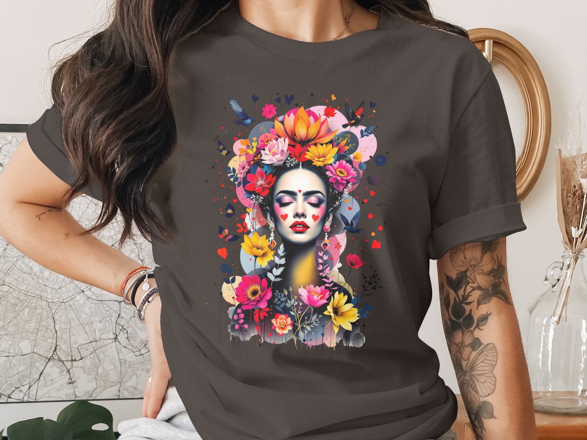 Vibrant Floral Woman Face Art Hearts Birds product type