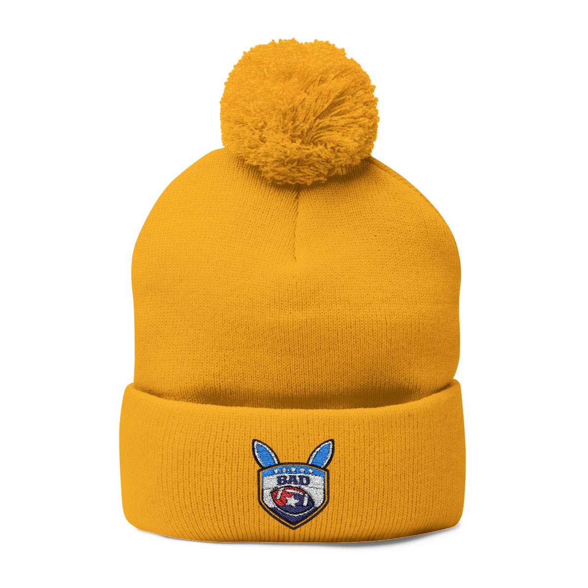 Yellow Pom Pom Beanie Hat with Blue-Eared Bunny Badge