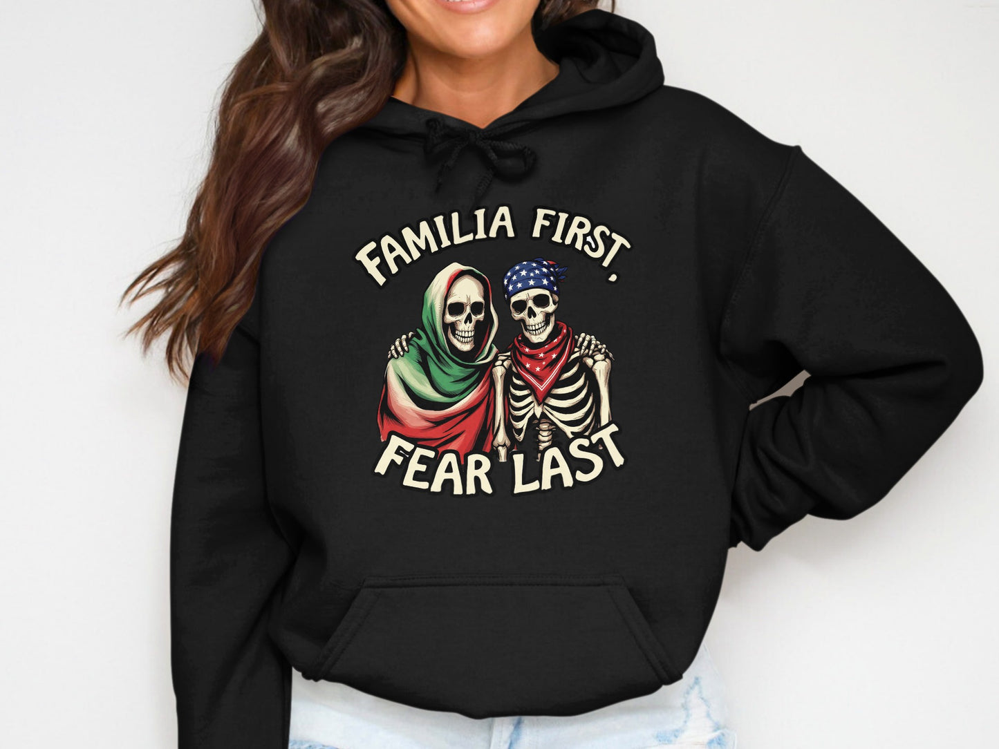 Familia First Fear Last Skeleton Themed Hoodie Product