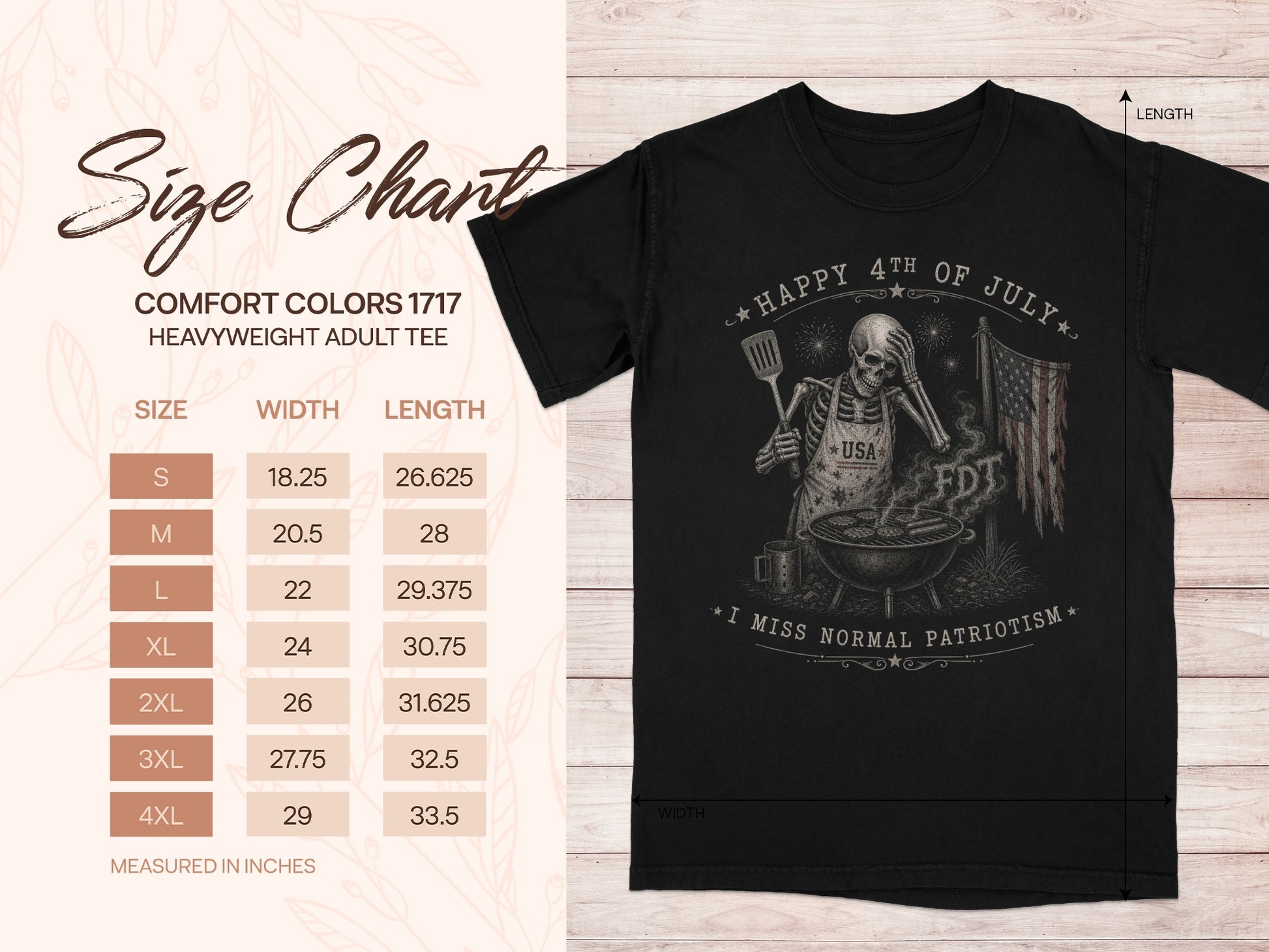 Black t-shirt with "Happy 4th of July" graphic and size chart.