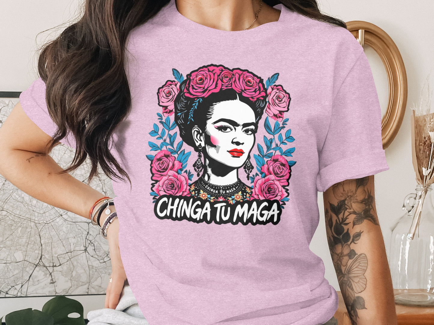 Chinga Tu Maga with Pink Roses Graphic Tee