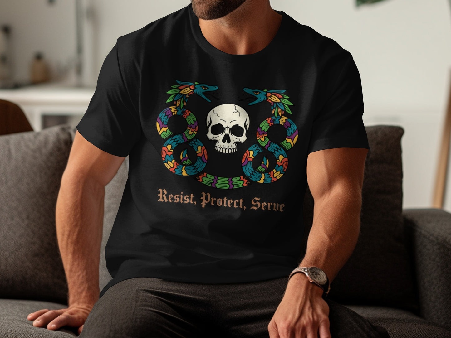 Skull with Colorful Serpent Design T-shirt