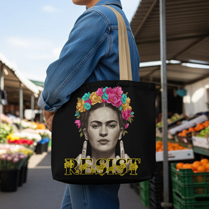 Frida Kahlo wearing flowers, showing middle fingers, with "MAGA RESIST" text.