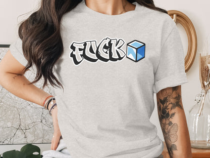 Fuck Text with Blue Cube Graphic T-Shirt product