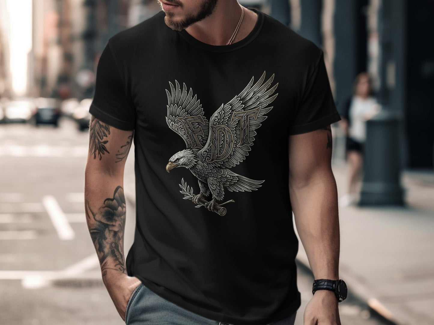 Black t-shirt with eagle and laurel branch graphic.