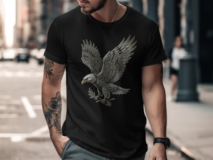 Black t-shirt with eagle and laurel branch graphic.