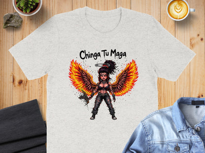 Chinga Tu Maga Fiery Winged Character Graphic Tee product type